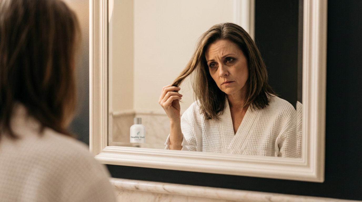 woman noticing menopause hair loss while examining hair in bathroom mirror