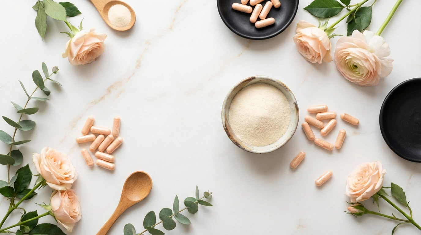 natural supplements and vitamins for menopause hair loss flat lay