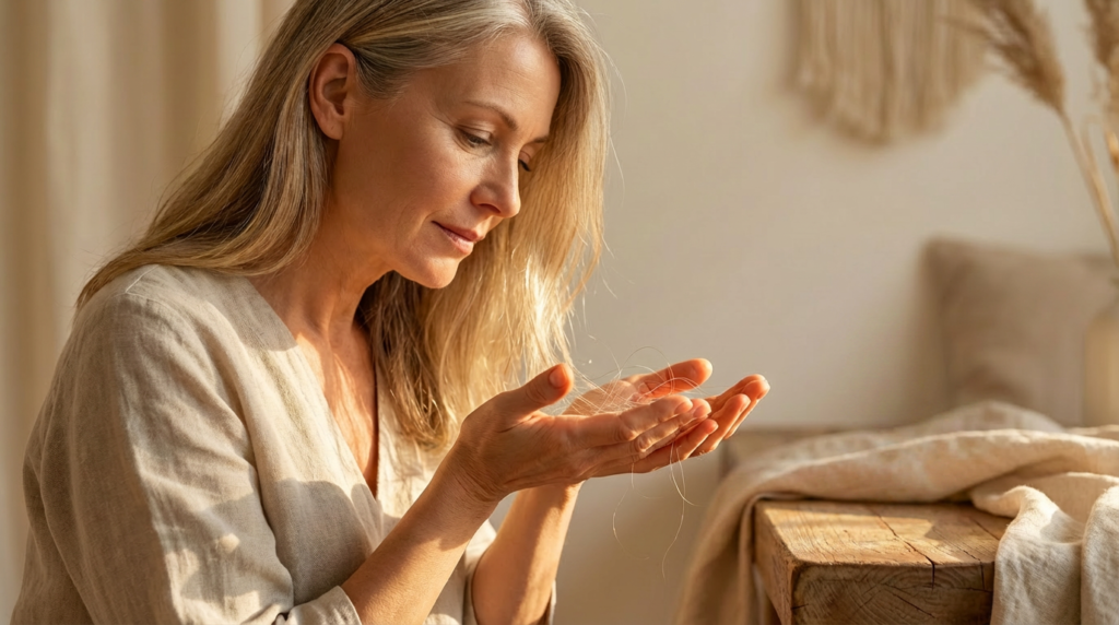 why am i losing so much hair female — woman examining hair loss over 40