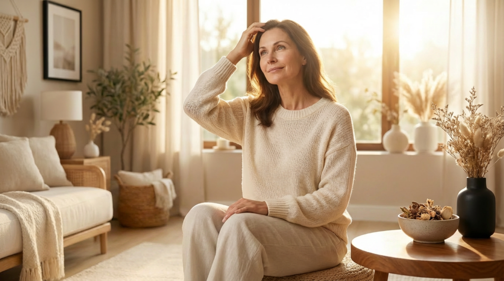 woman in her 40s experiencing perimenopause hair loss touching her hair at home