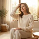 woman in her 40s experiencing perimenopause hair loss touching her hair at home