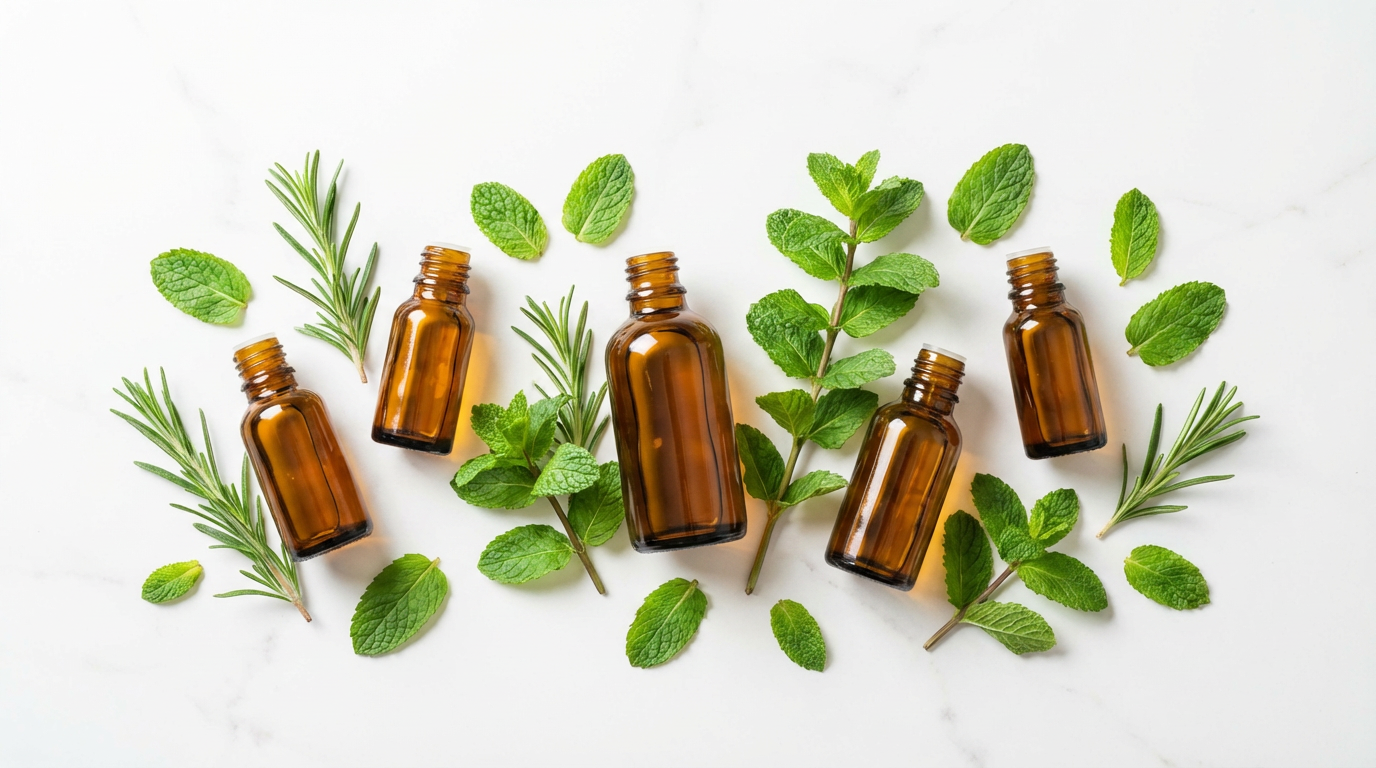 scalp massage oil hair growth rosemary and peppermint essential oils on marble